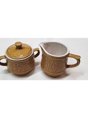 Vintage Japan Ceramic Sugar Bowl & Creamer Set - Embossed Floral Design - Brown